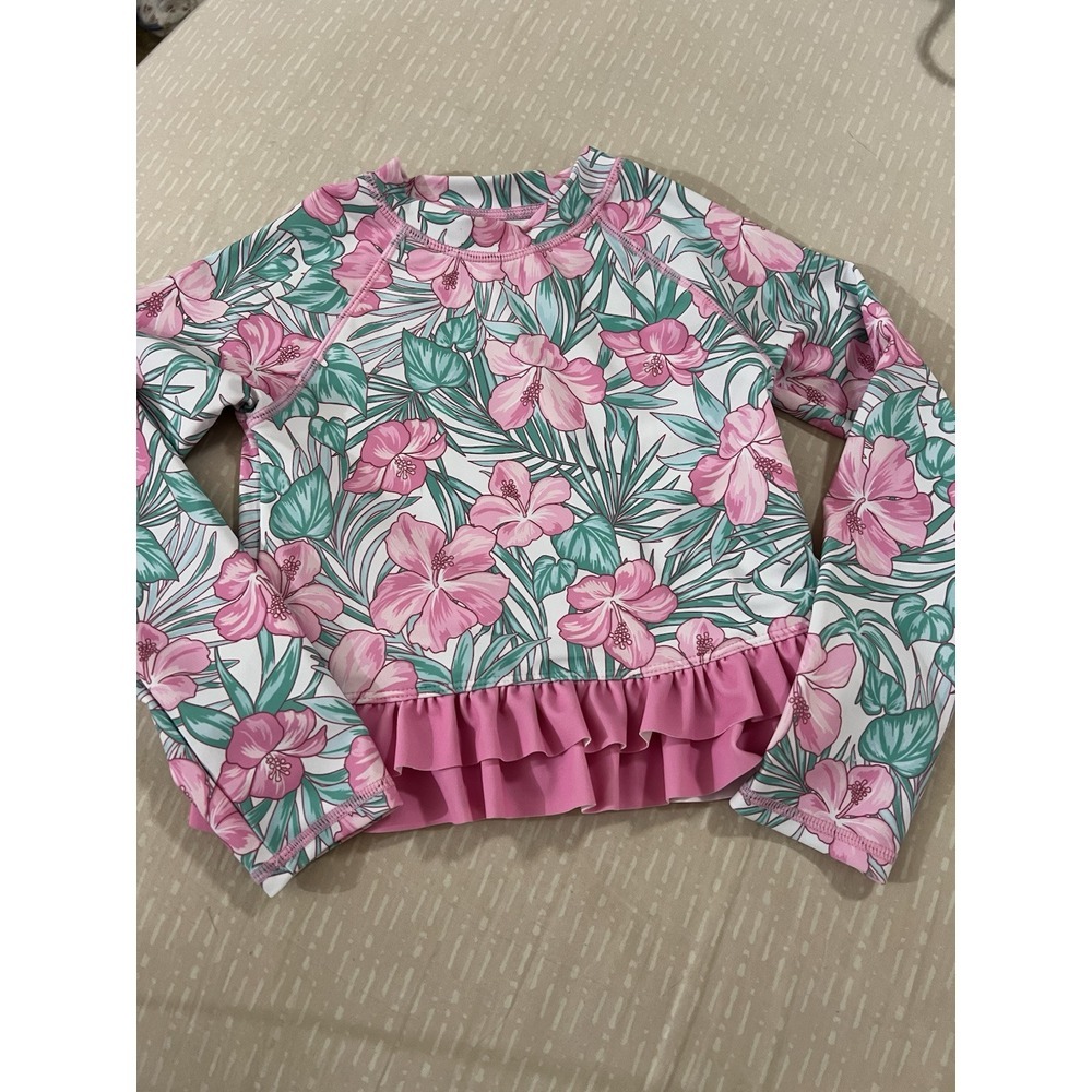 Tommy Bahama 4/5 Girls L/S Rash Guard‎ Swimsuit Top Pink Ruffle Hibiscus